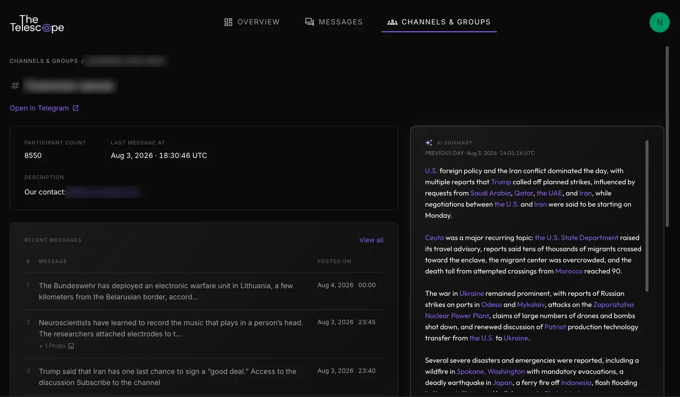 Telescope channel view: participant count and recent messages beside a generated daily summary with entities linked